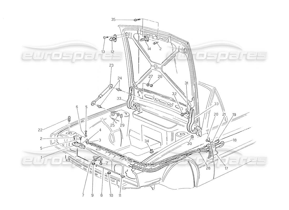 maserati biturbo spider bonnet: hinges and bonnet release parts diagram