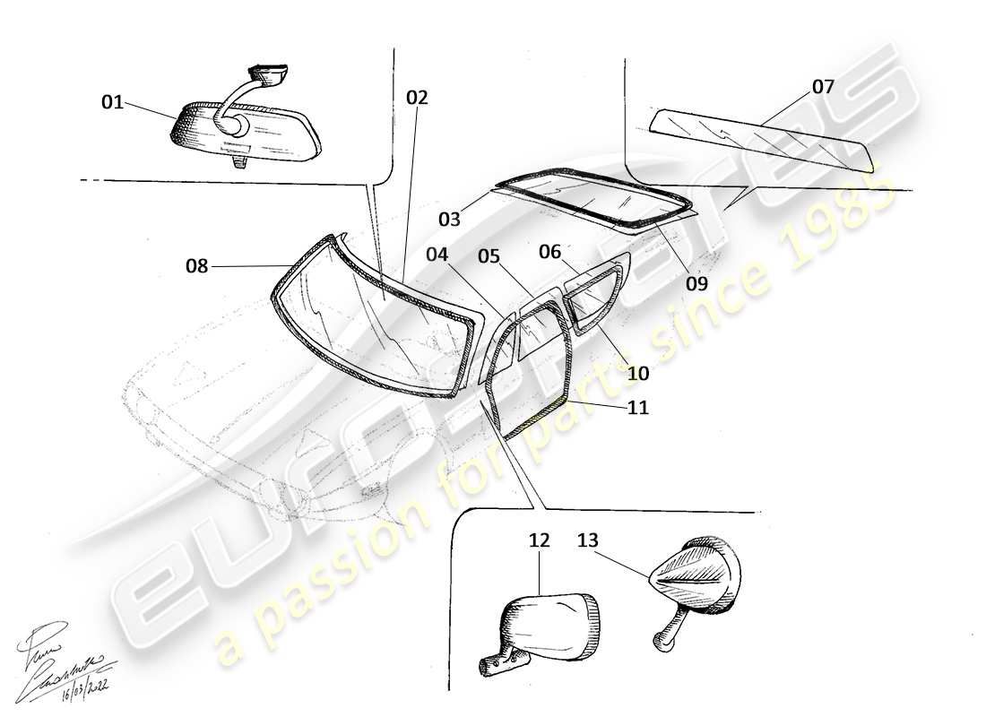 lamborghini espada glass and gaskets parts diagram