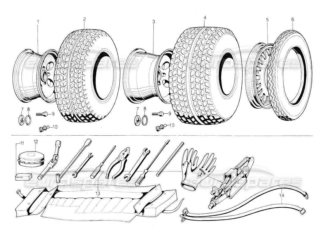 lamborghini countach 5000 qvi (1989) tool kit, tyre and rims part diagram