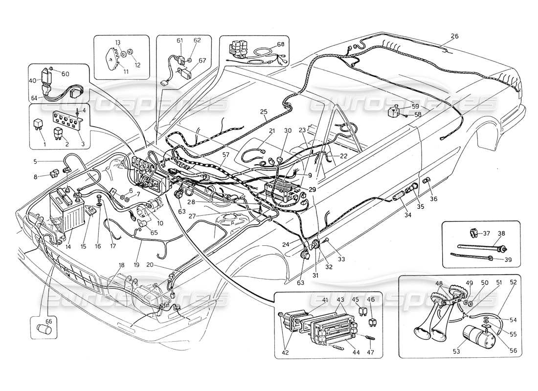 maserati biturbo spider wiring harness and electrical components (rh steering) parts diagram