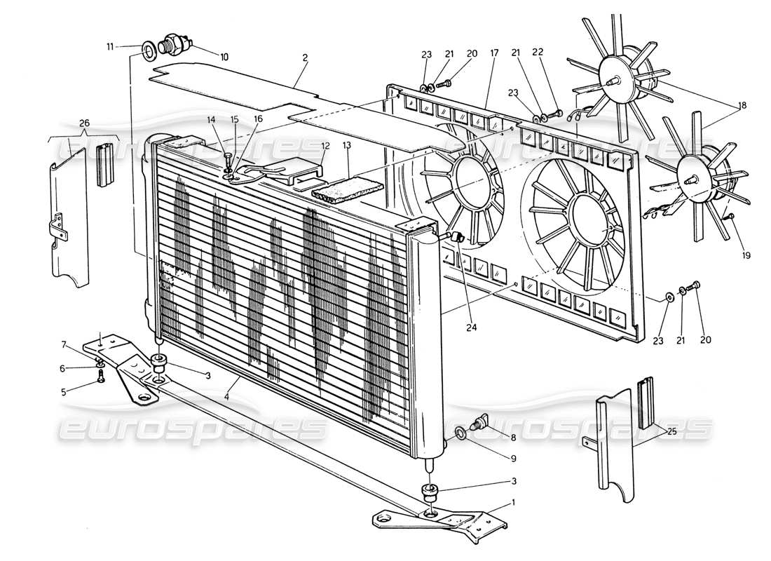 maserati 222 / 222e biturbo radiator and cooling fans parts diagram