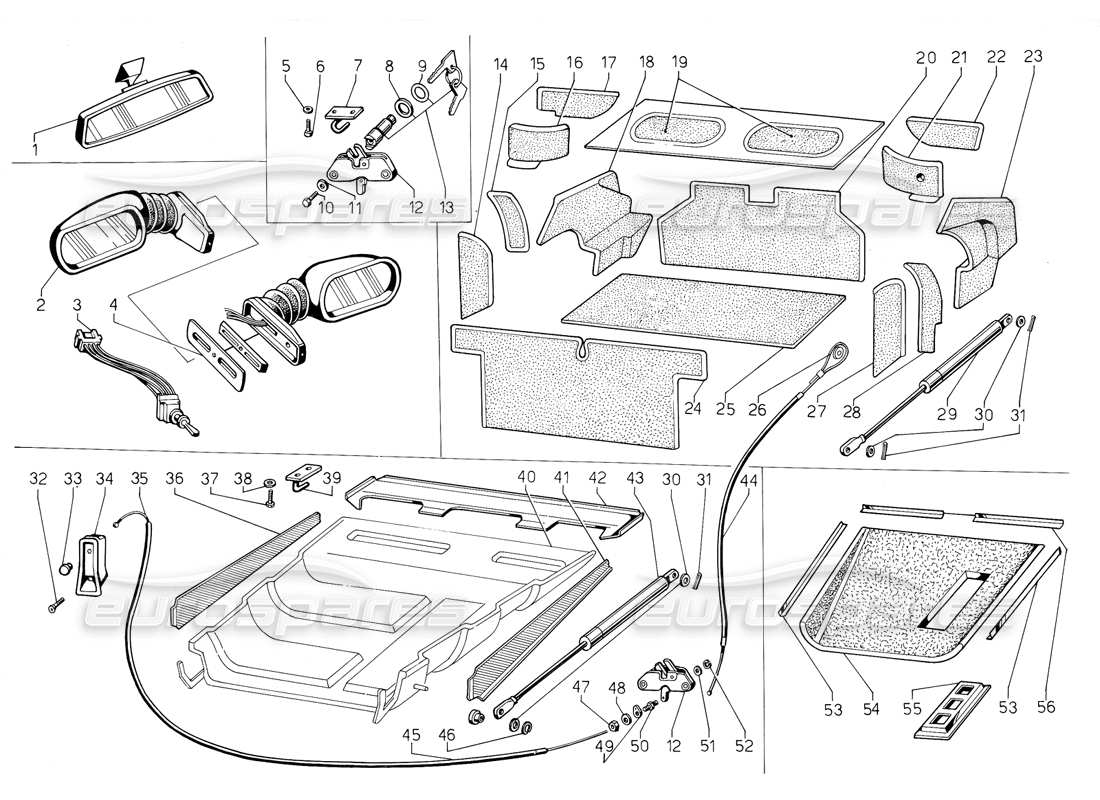 lamborghini jalpa 3.5 (1984) engine and luggage comp hoods parts diagram