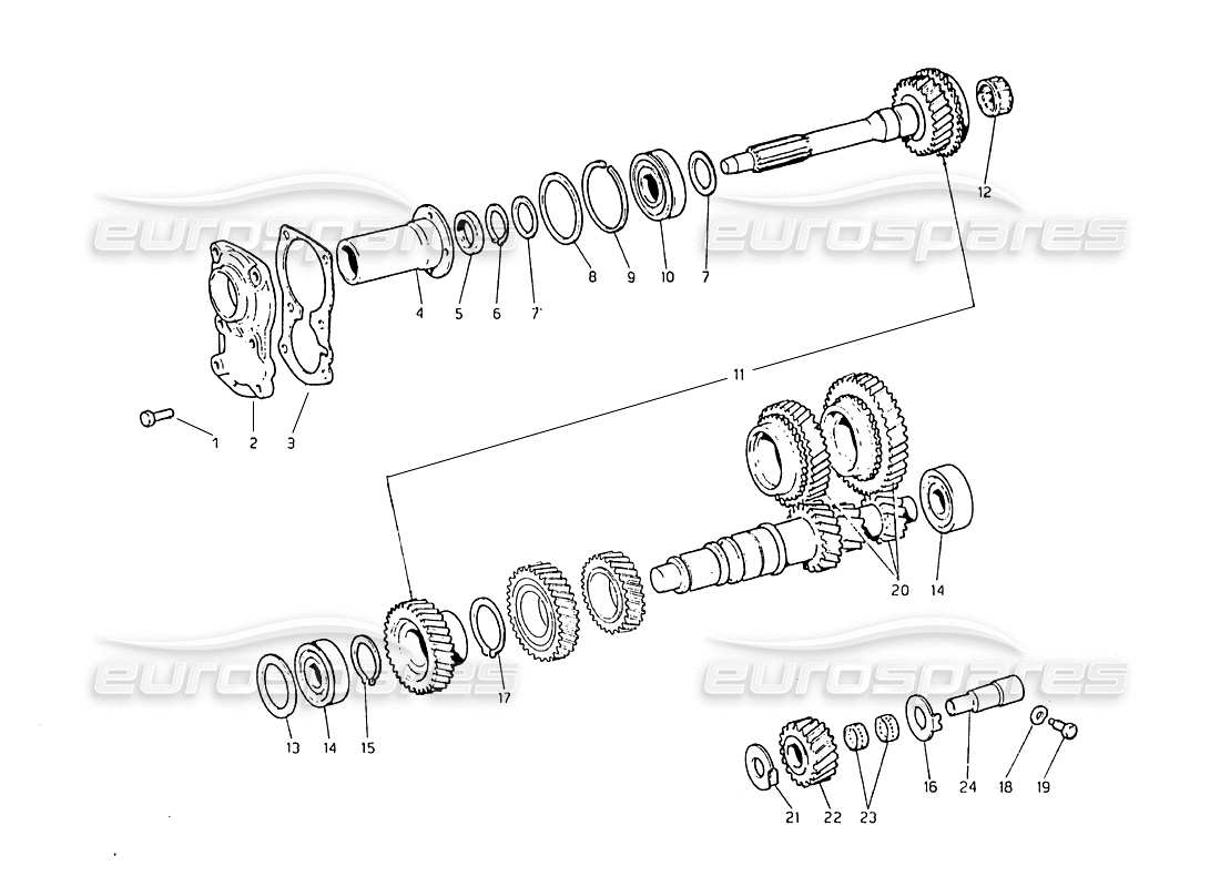 maserati biturbo 2.5 (1984) transmission layshaft and direct pto shaft part diagram