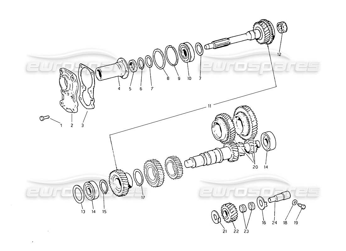 maserati biturbo 2.5 (1984) transmission layshaft and direct pto shaft part diagram