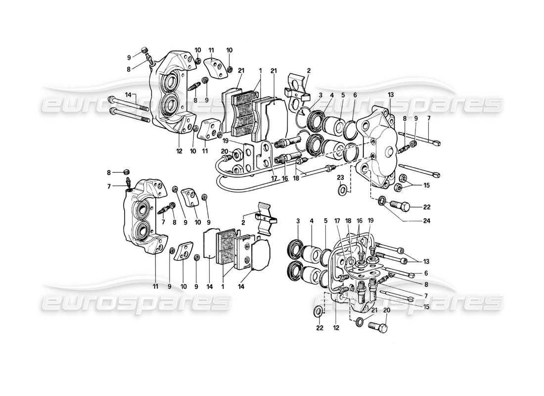 ferrari 400i (1983 mechanical) calipers for front and rear brakes parts diagram