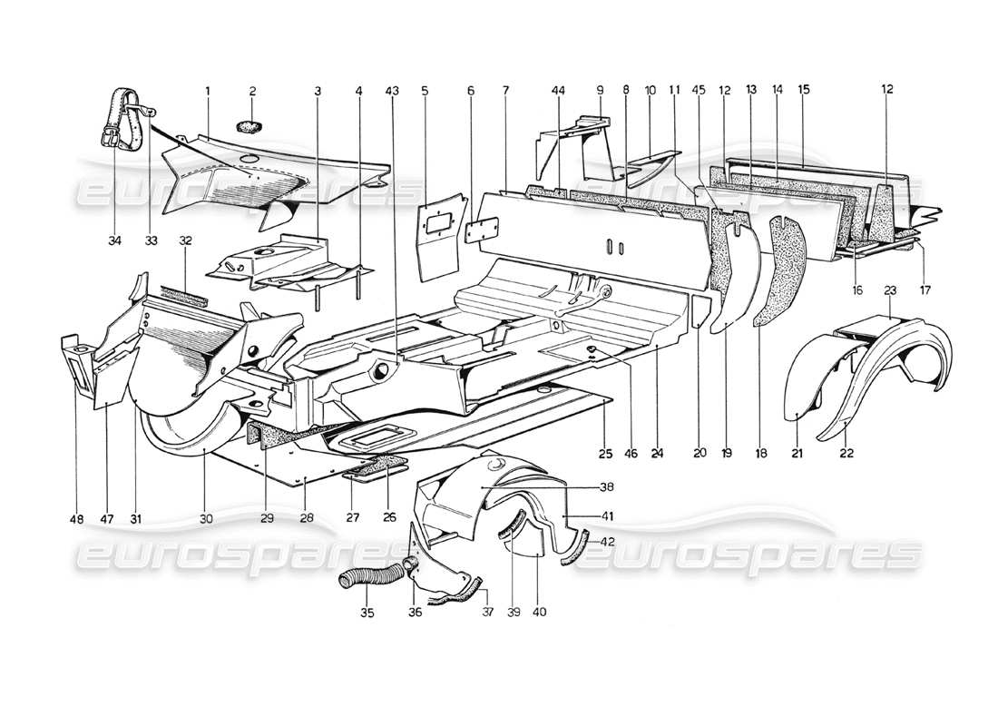 ferrari 208 gt4 dino (1975) body shell - inner elements parts diagram