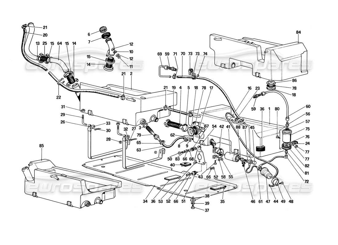 ferrari mondial 3.2 qv (1987) fuel pump and pipes (for us version) part diagram