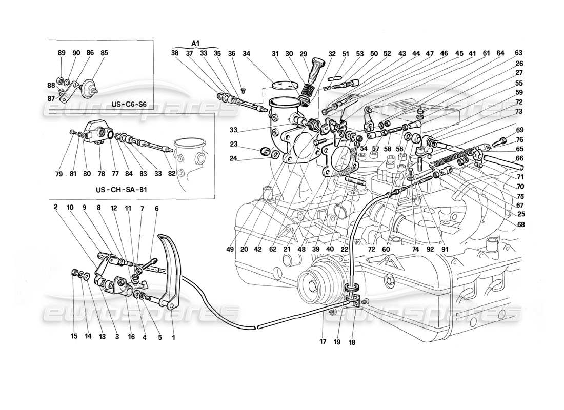 ferrari testarossa (1987) throttles control parts diagram