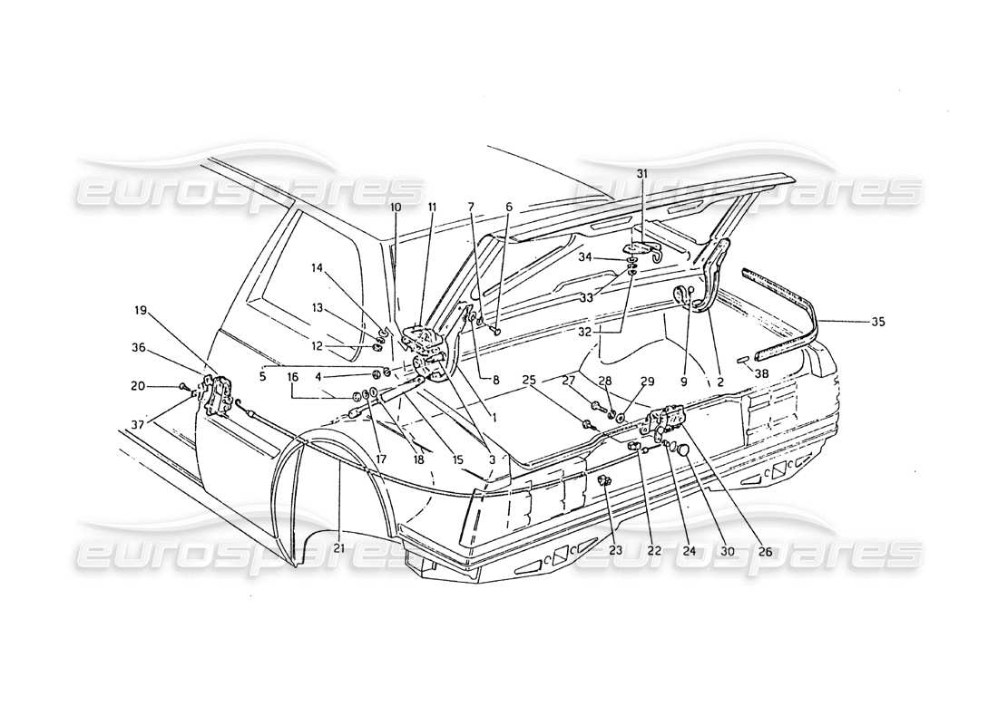 maserati biturbo 2.5 (1984) boot lid - hinges, boot lid release part diagram