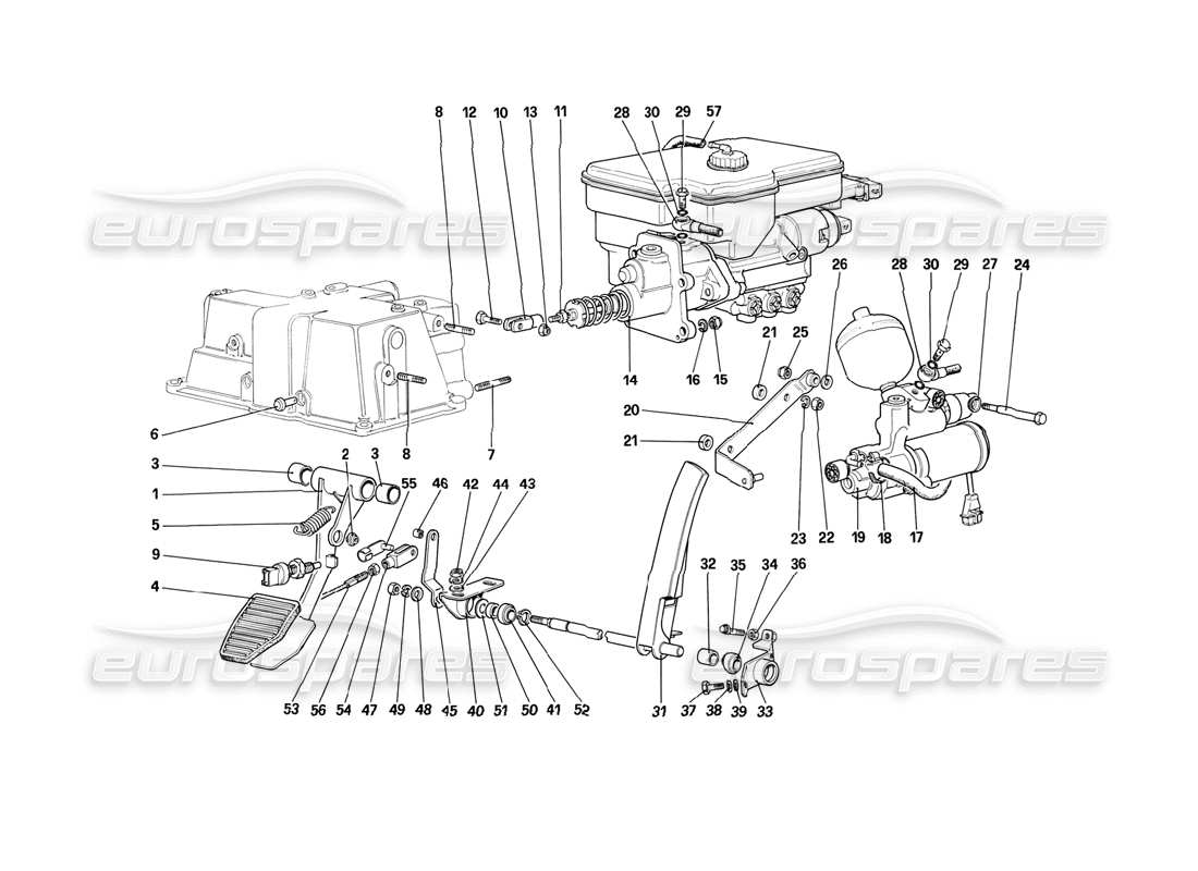 ferrari mondial 3.2 qv (1987) throttle control and brake hydraulic system (for car with antiskid system - variants for rh d version) part diagram