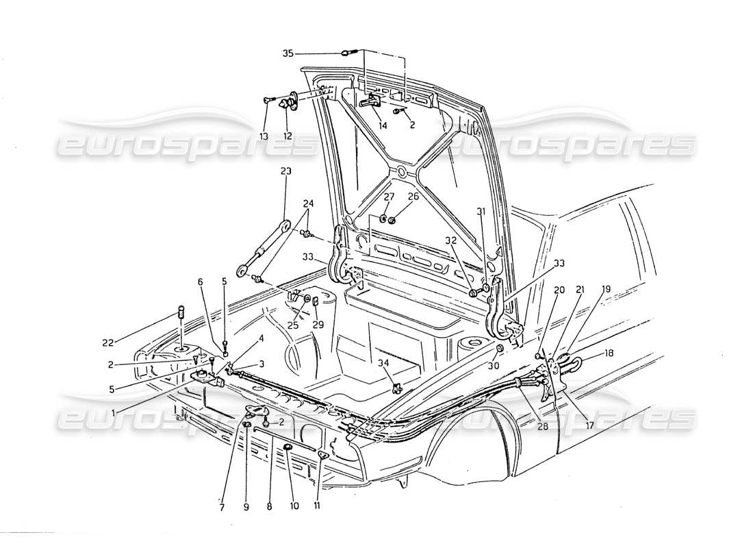 maserati biturbo 2.5 (1984) bonnet - hinges and bonnet release parts diagram