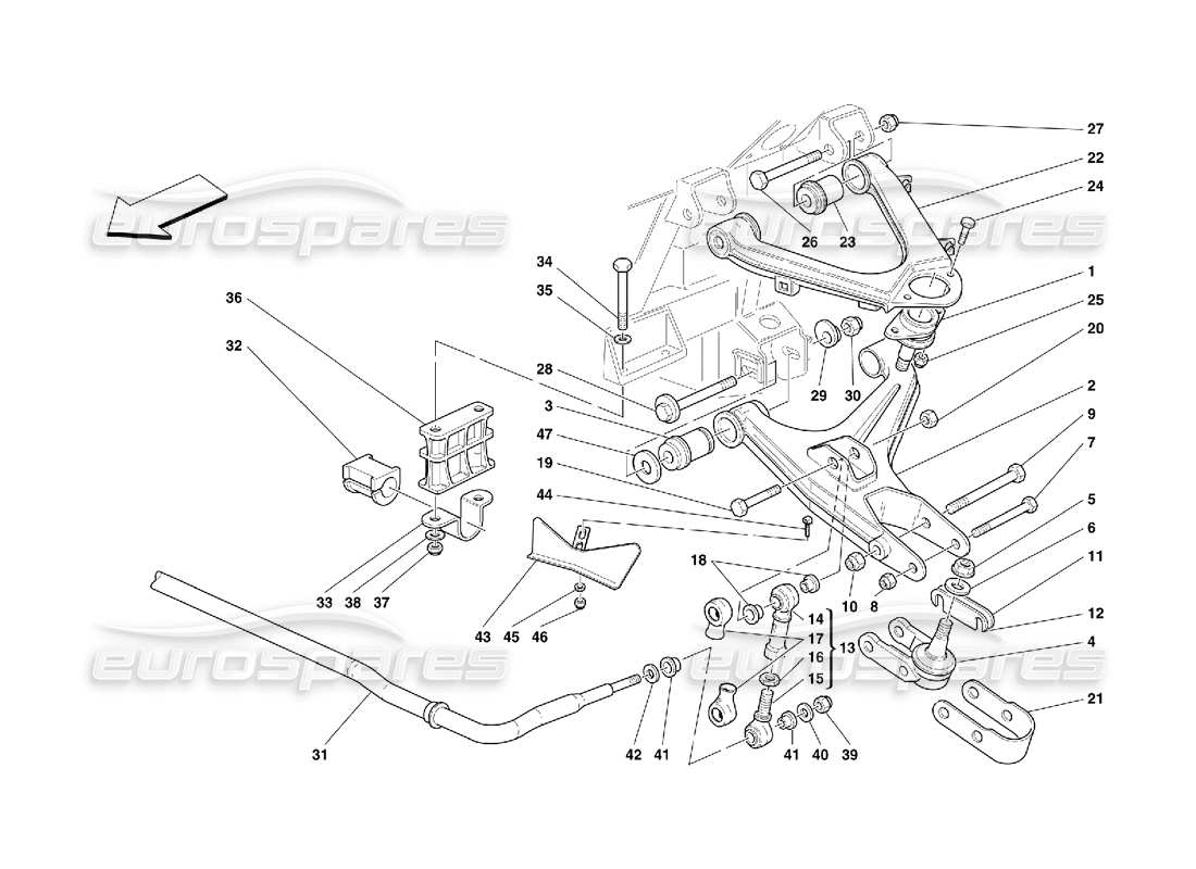 ferrari 456 gt/gta front suspension - wishbones and stabilizer bar part diagram