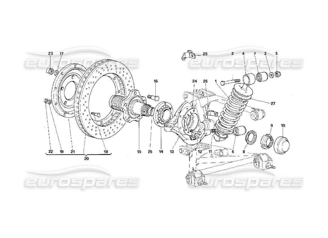 ferrari f40 front suspension - shock absorber and brake disc parts diagram