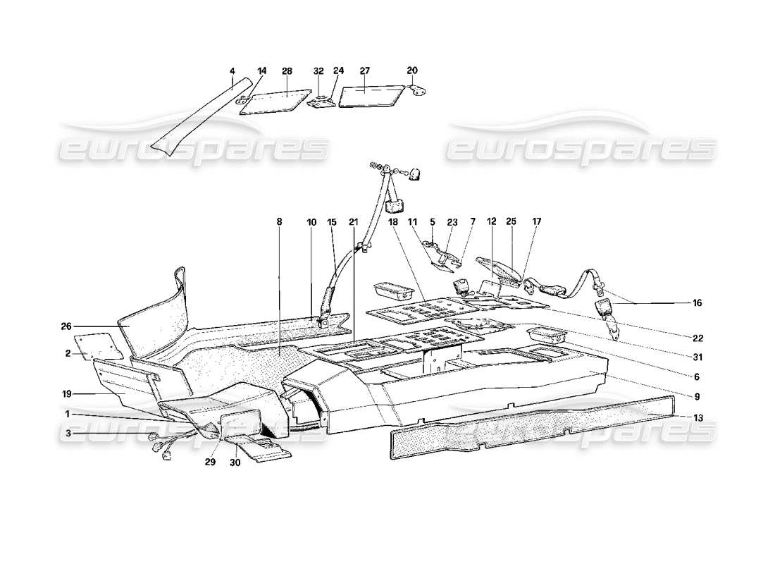 ferrari mondial 3.2 qv (1987) roof, tunnel and safety belts - cabriolet part diagram