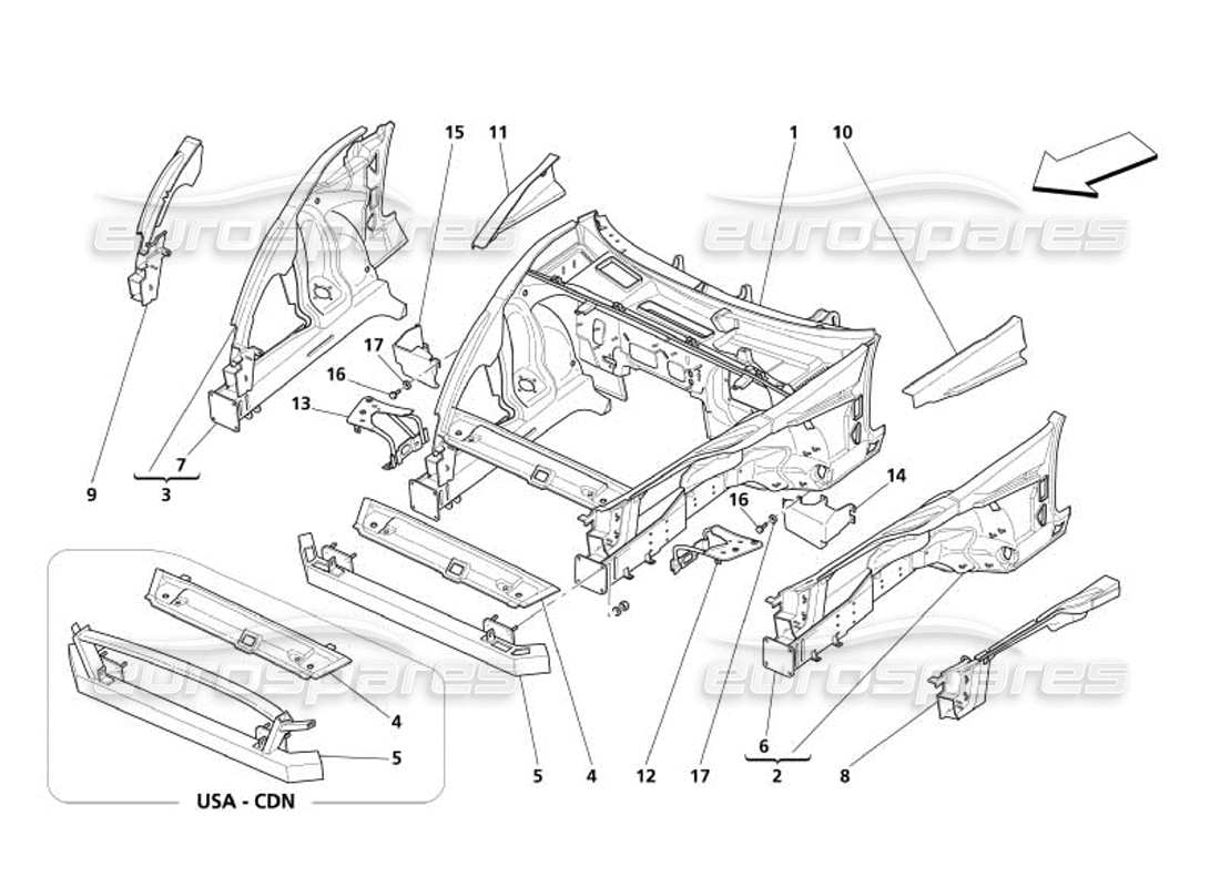 maserati 4200 spyder (2005) front structure part diagram