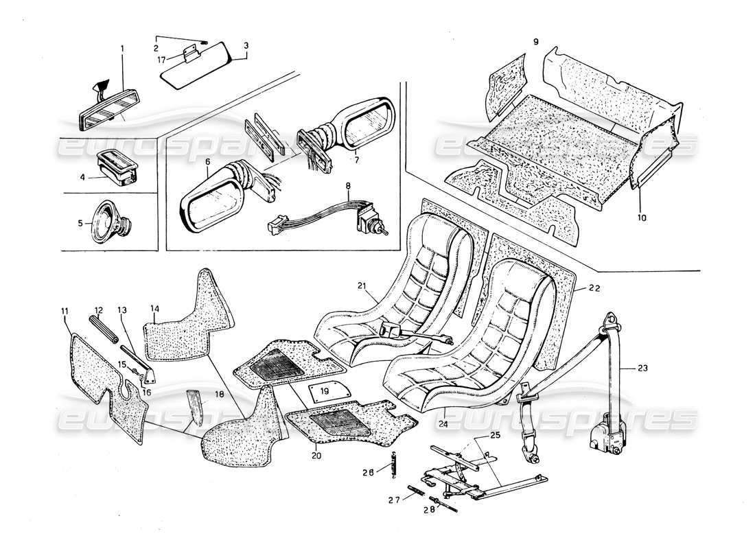 lamborghini countach 5000 qvi (1989) seats, accessories and trims parts diagram