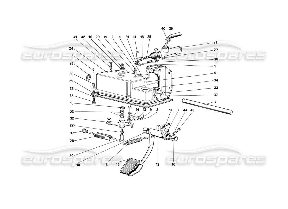 ferrari mondial 3.2 qv (1987) pedal board - clutch control (for car without antiskid system - variants for rh d version) part diagram