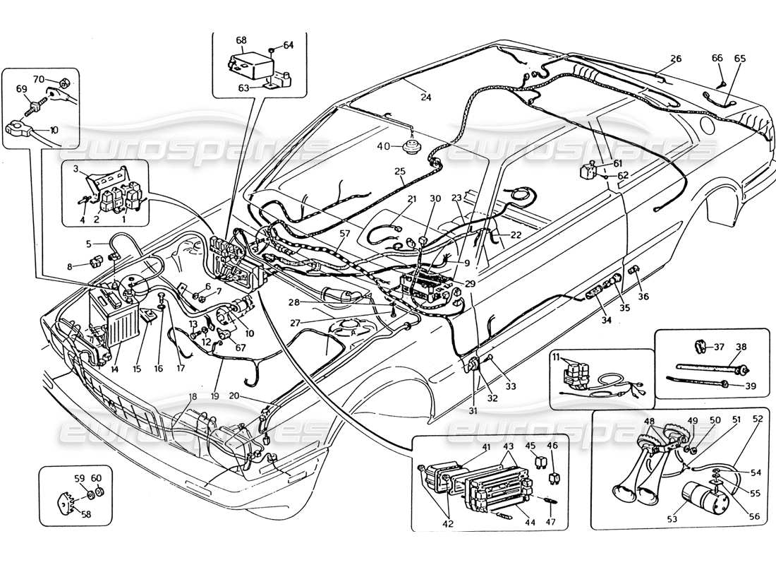 maserati 222 / 222e biturbo wiring harness and electrical components (lh steering) parts diagram