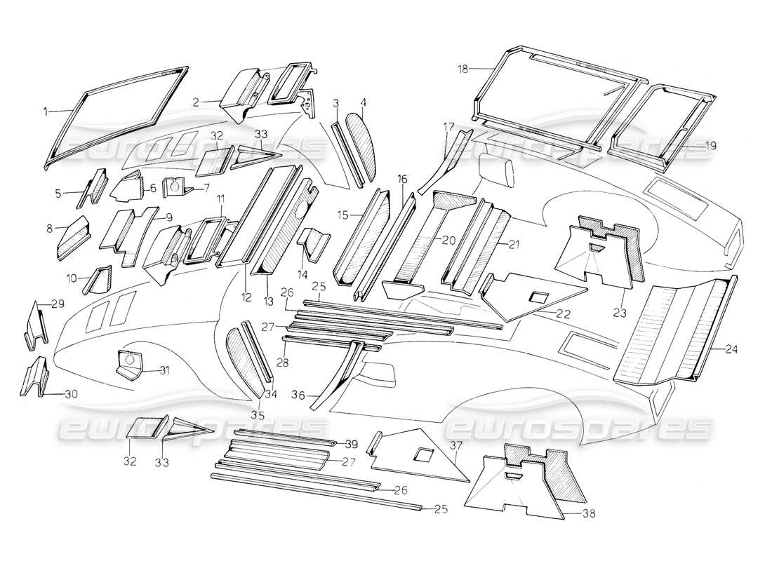 lamborghini countach 5000 qv (1985) inner and outer coverings parts diagram