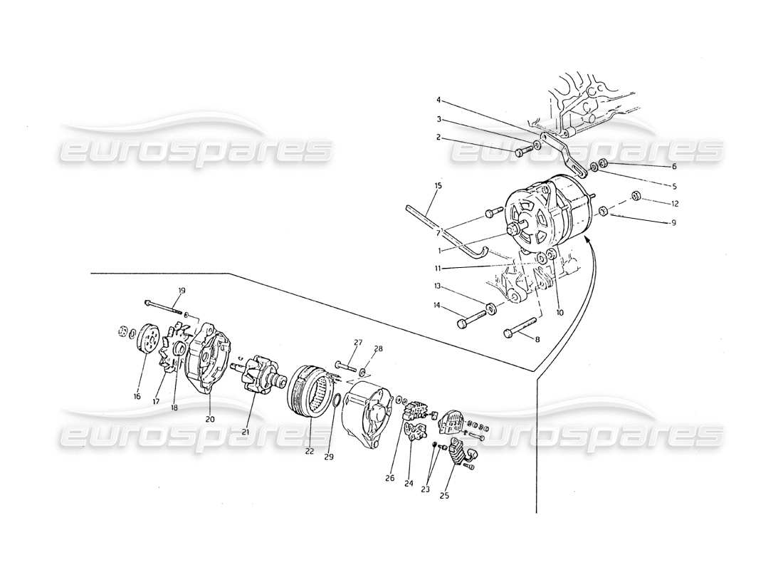 maserati biturbo 2.5 (1984) alternator and bracket part diagram