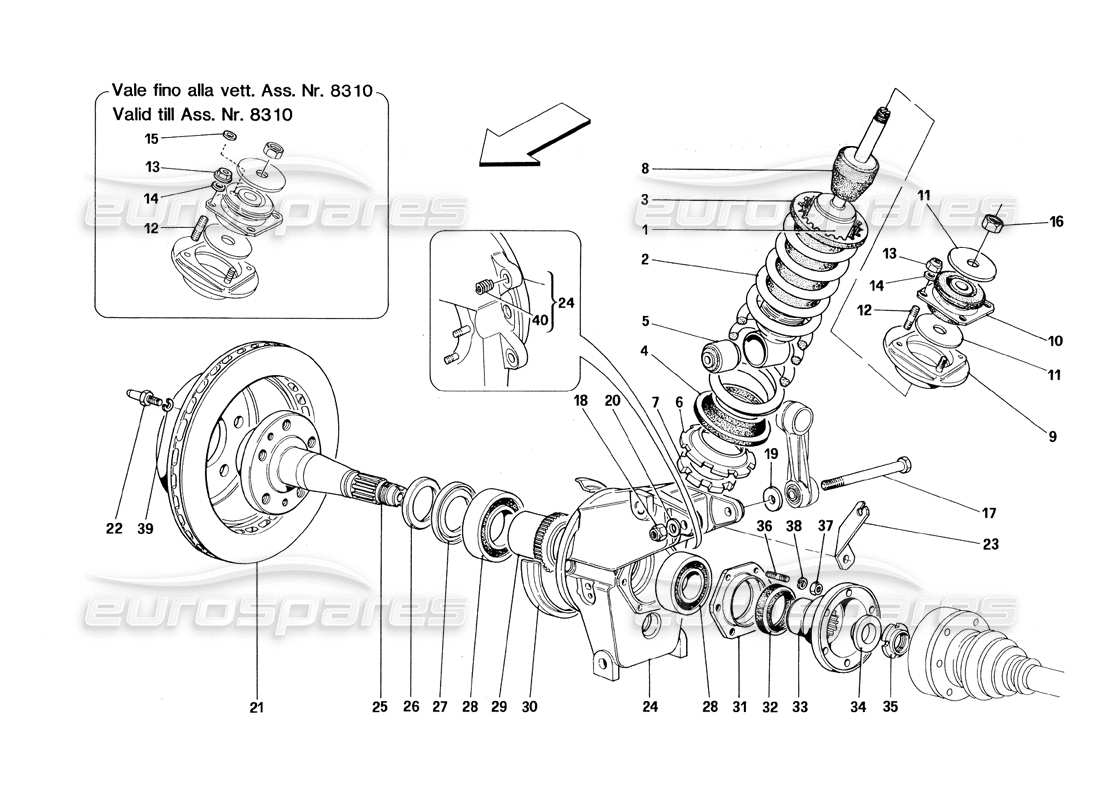 ferrari 348 (1993) tb / ts rear suspension - shock absorber and brake disc parts diagram