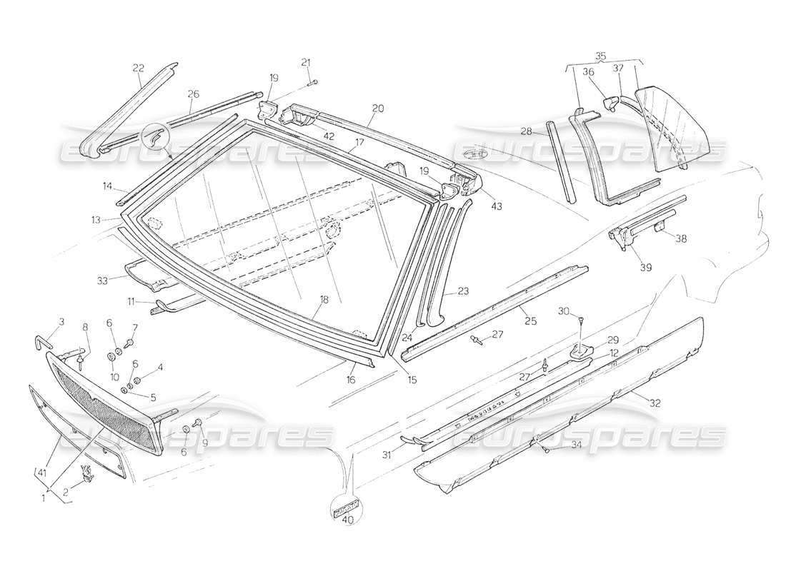 maserati biturbo spider radiator grille-finishers fixed glasses parts diagram