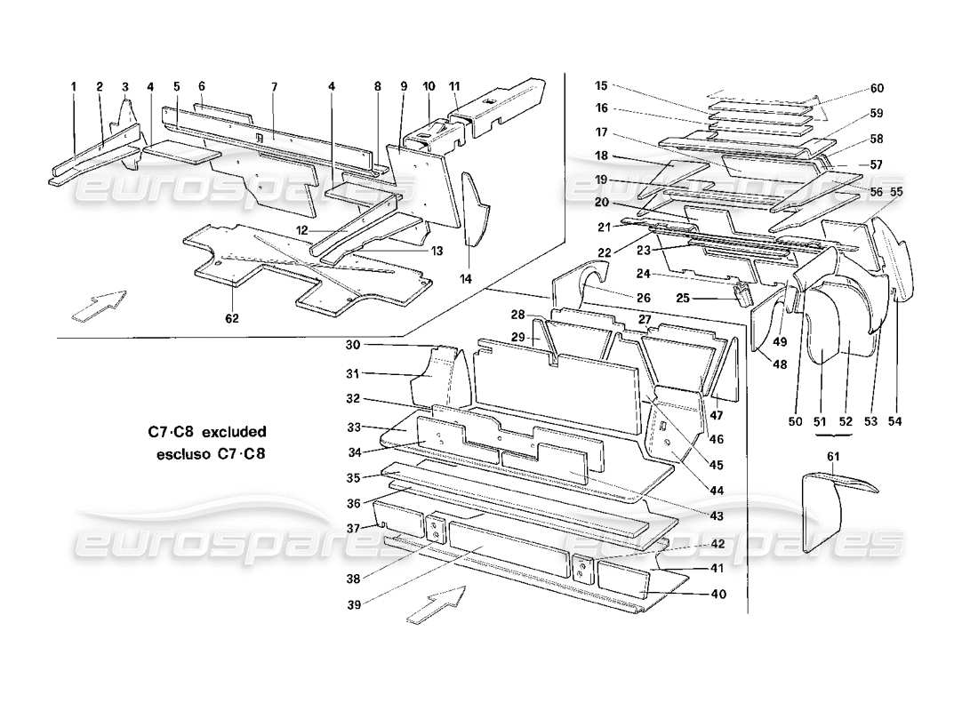 ferrari mondial 3.2 qv (1987) luggage and passenger compart, insulation - cabriolet-usa - sa excluded part diagram