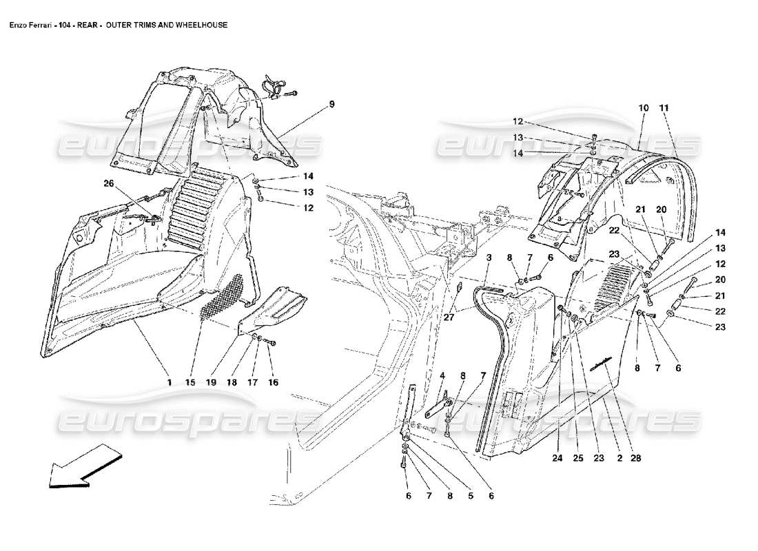 ferrari enzo rear - outer trims and wheelhouse parts diagram