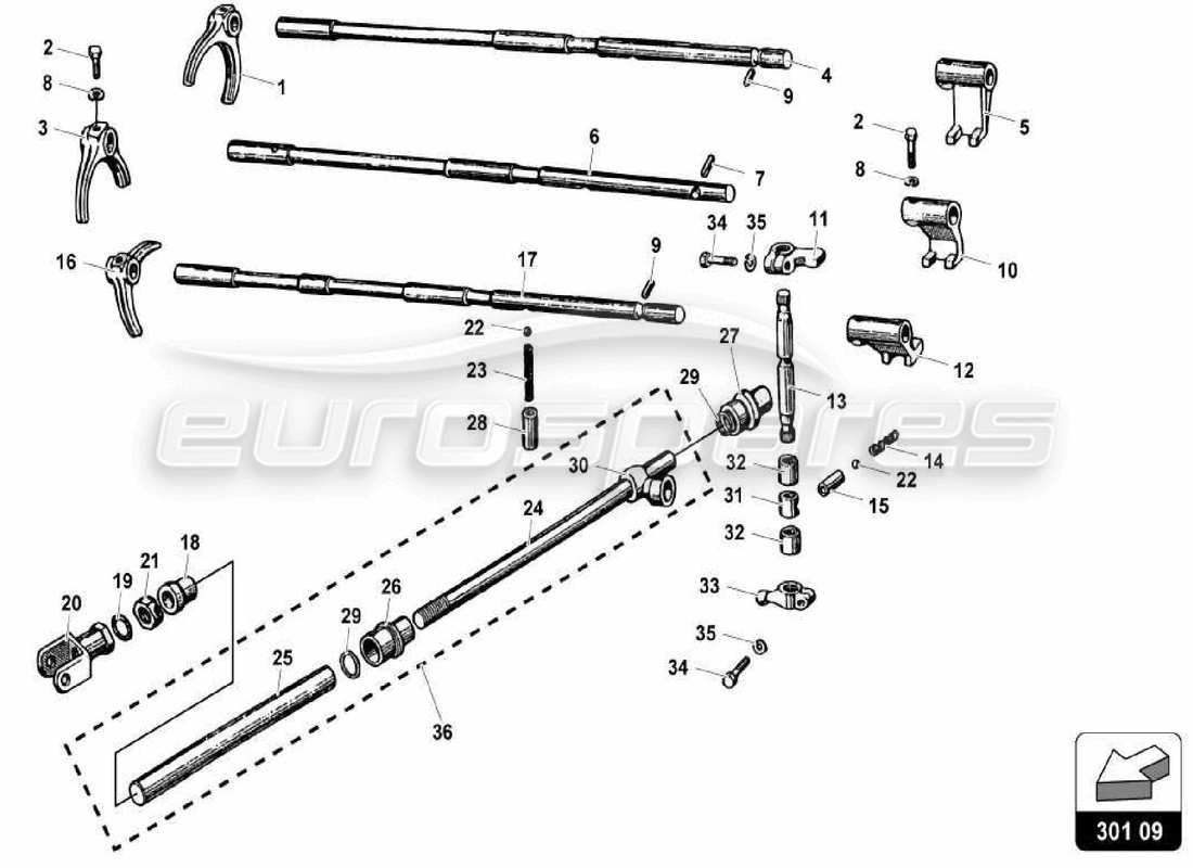 lamborghini miura p400 gearbox shifting rods and forks part diagram