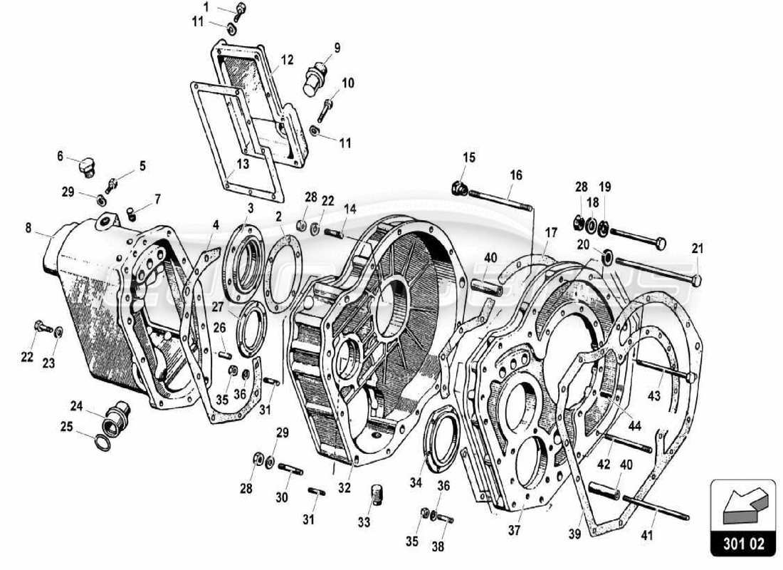 lamborghini miura p400 gearbox-rear differential case parts diagram