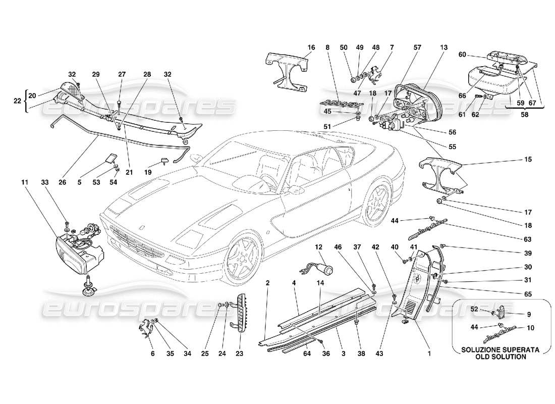 ferrari 456 gt/gta front and rear lights - outside finishings part diagram