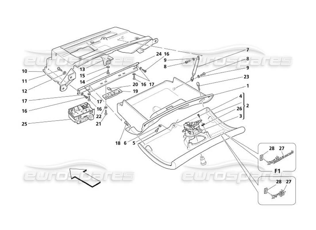 maserati 4200 spyder (2005) dashboard drawer part diagram