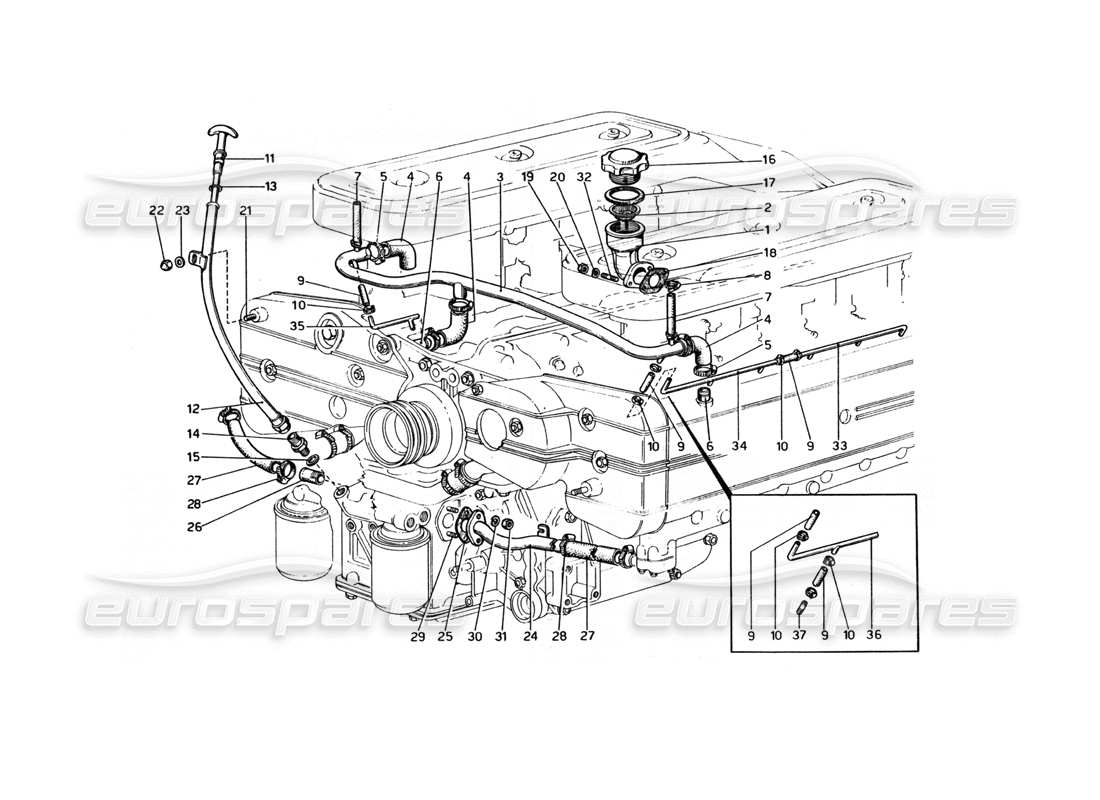 ferrari 365 gt4 berlinetta boxer lubrication - blow-by and dipstick part diagram