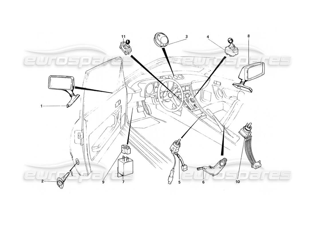 ferrari 400 gt (mechanical) outer door mirrors and internal accessories part diagram