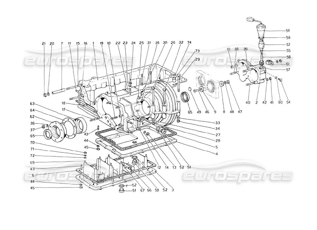 ferrari 208 gt4 dino (1975) gearbox - differential housing and oil sump part diagram