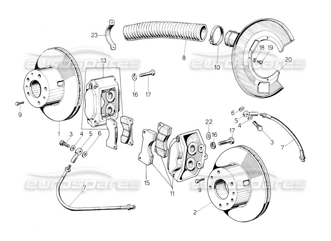 lamborghini countach 5000 qv (1985) front and rear brakes parts diagram