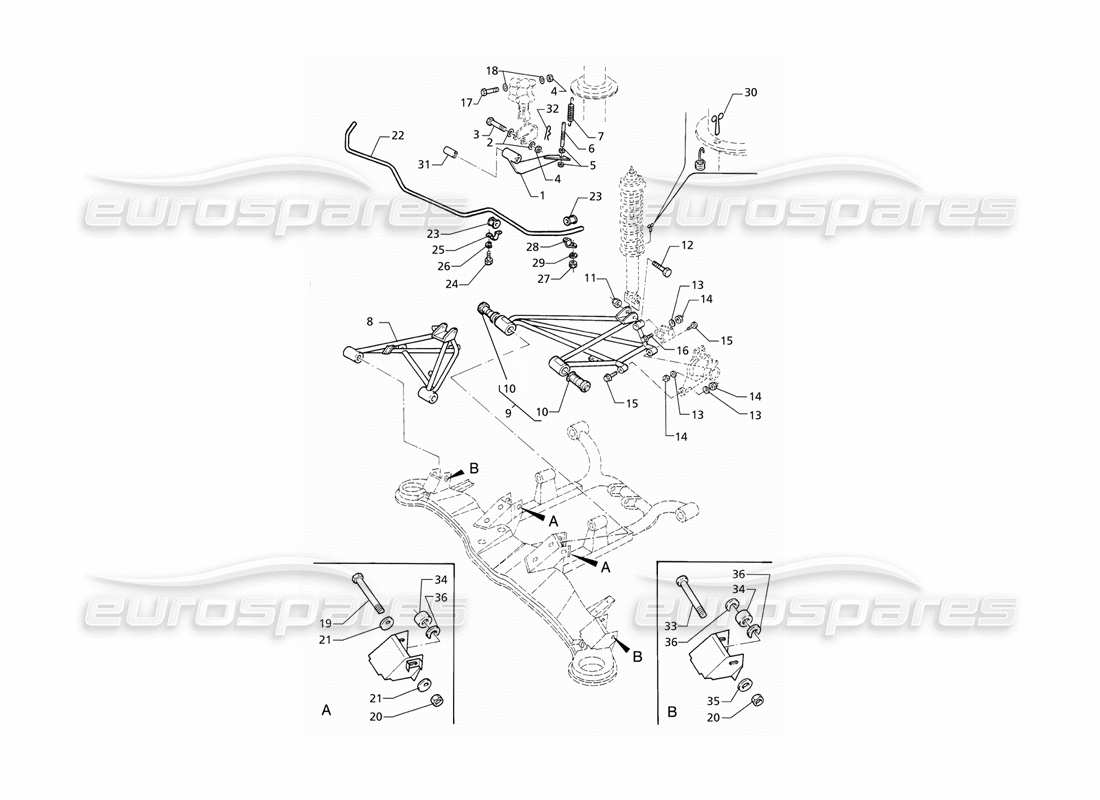 maserati qtp v8 (1998) (post-mod) rear suspension with anti-roll bar parts diagram