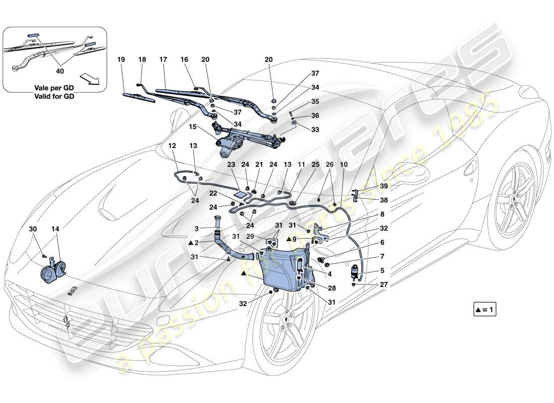 ferrari california t (rhd) windscreen wiper, windscreen washer and horns parts diagram