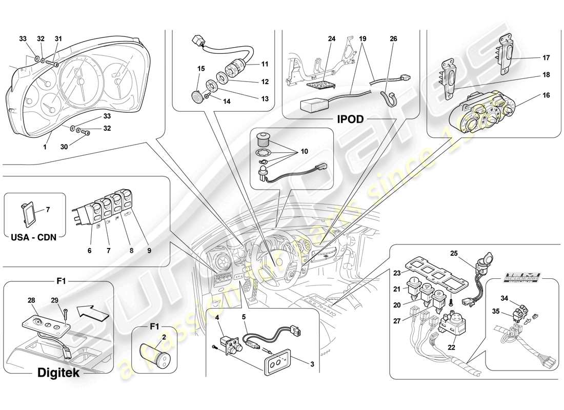 ferrari f430 scuderia spider 16m (rhd) dashboard and tunnel instruments part diagram