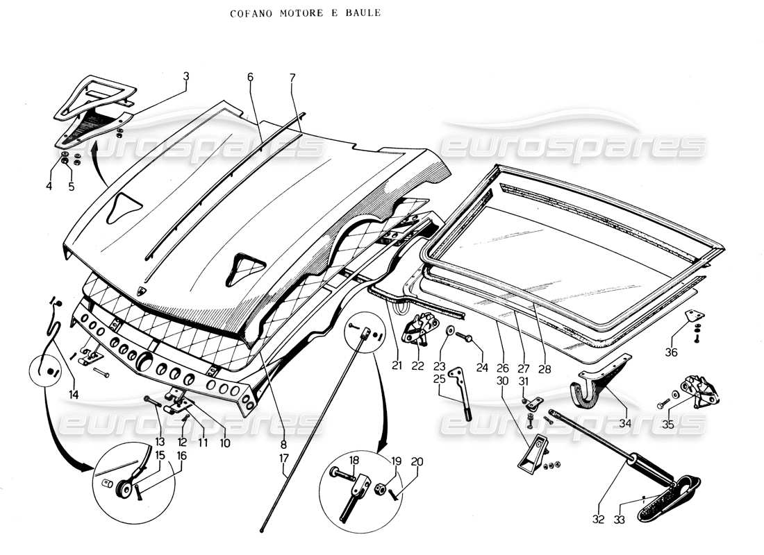 lamborghini espada engine hood and trunk (0 to 750) parts diagram