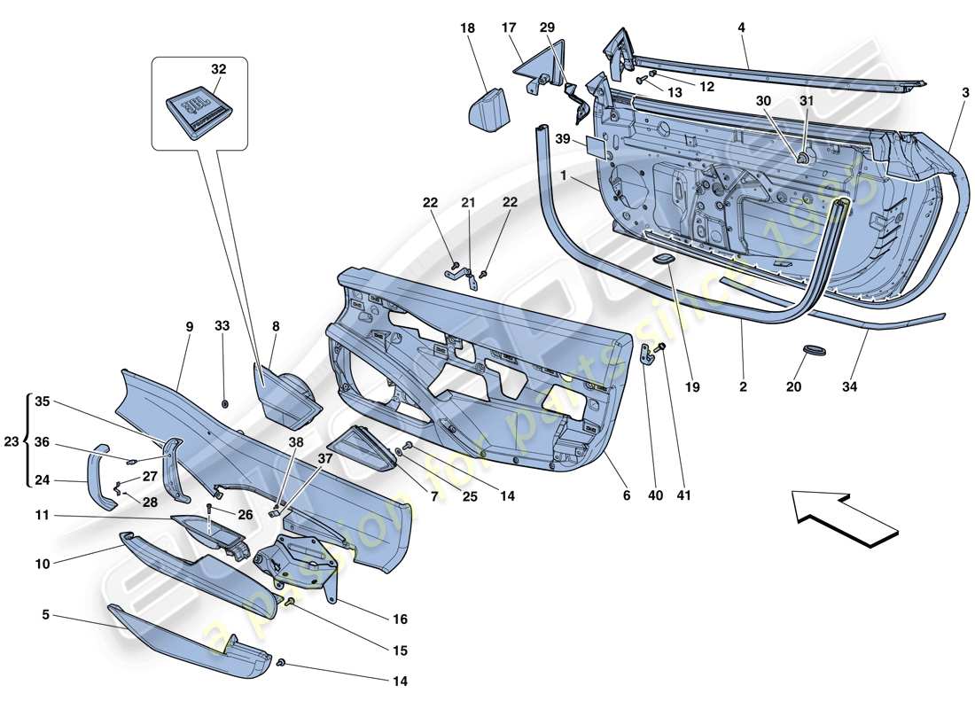 ferrari 458 spider (rhd) doors - substructure and trim part diagram