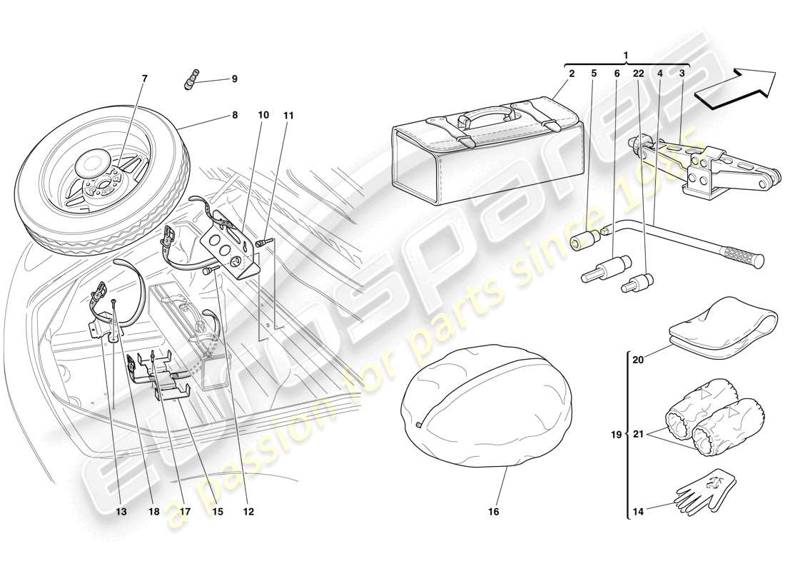 ferrari f430 scuderia spider 16m (rhd) spare wheel and tools parts diagram