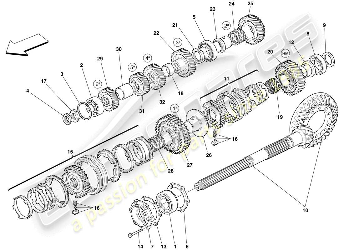 ferrari 599 sa aperta (rhd) secondary gearbox shaft gears parts diagram