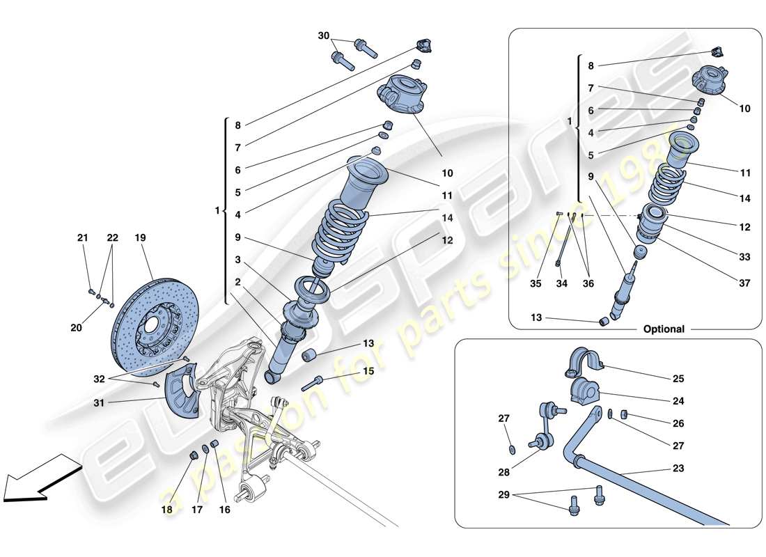 ferrari 458 spider (europe) front suspension - shock absorber and brake disc parts diagram