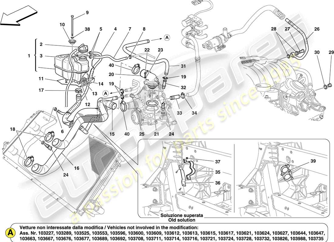 ferrari california (europe) cooling: header tank and pipes parts diagram