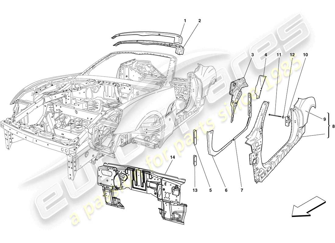 ferrari california (rhd) centre bodyshell and external trim part diagram