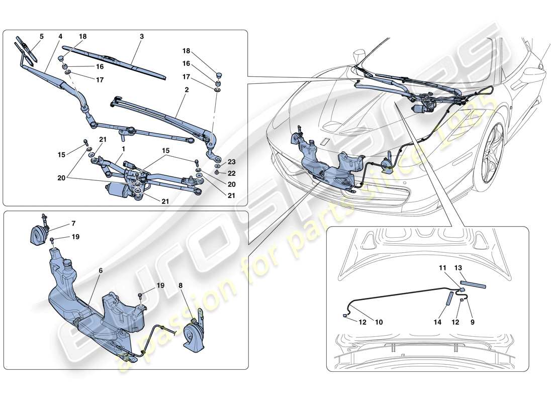 ferrari 458 speciale (usa) windscreen wiper, windscreen washer and horns part diagram