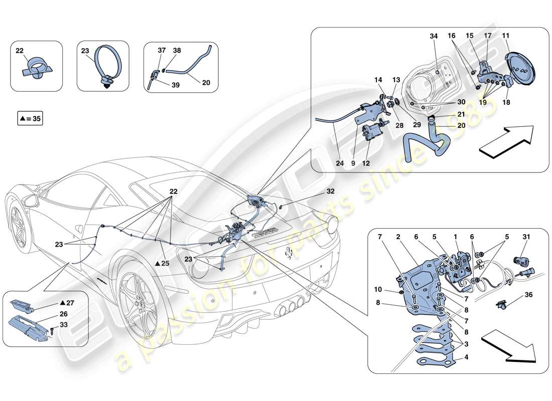 ferrari 458 italia (rhd) engine compartment lid and fuel filler flap opening mechanisms parts diagram