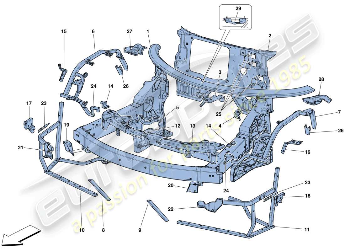 ferrari 488 gtb (rhd) chassis - complete front structure and panels parts diagram