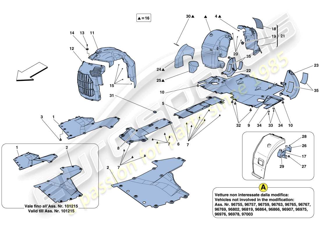 ferrari 458 italia (usa) flat undertray and wheelhouses part diagram